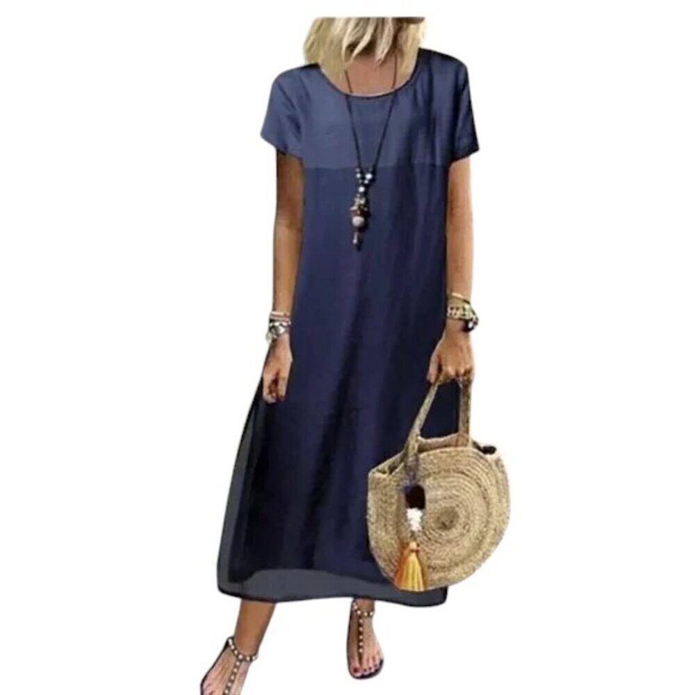 Colorblock Short Sleeve Midi Dress Resort Blue Large NWT